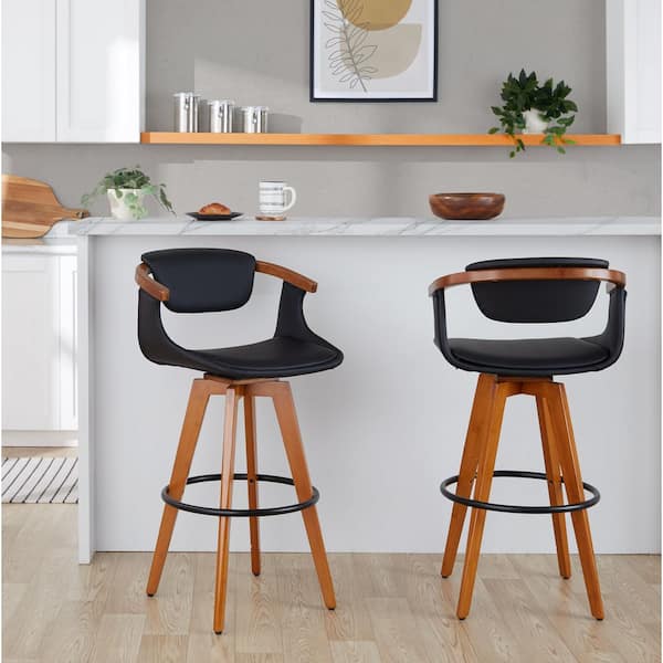 Oracle 29 in. Black Faux Leather, Walnut Bamboo, and Black Metal Fixed-Height Bar Stool