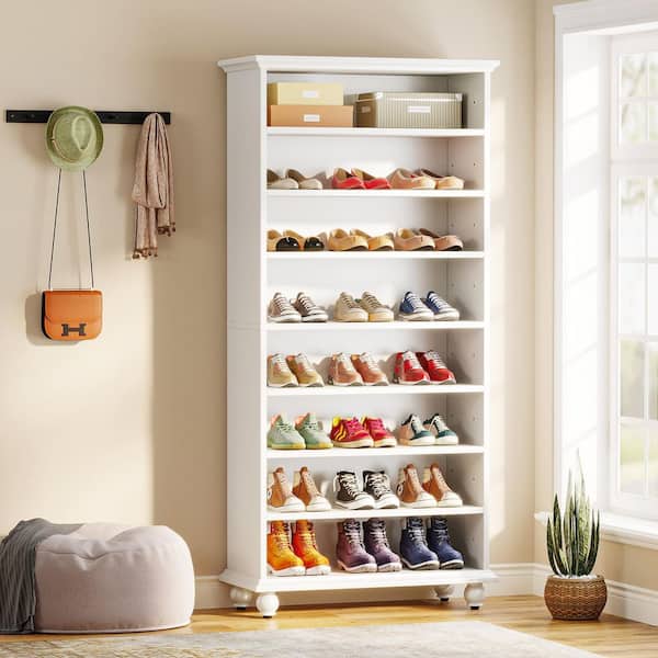 Lauren 68.9 in. H x 28.35 in. W White Wood Shoe Storage Cabinet with LED Lighting and Open Shelves and Legs, 8 Tiers
