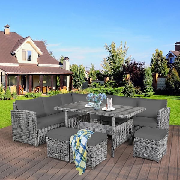 7-Piece Patio Rattan Dining Set Sectional Sofa Couch Ottoman Garden Gray