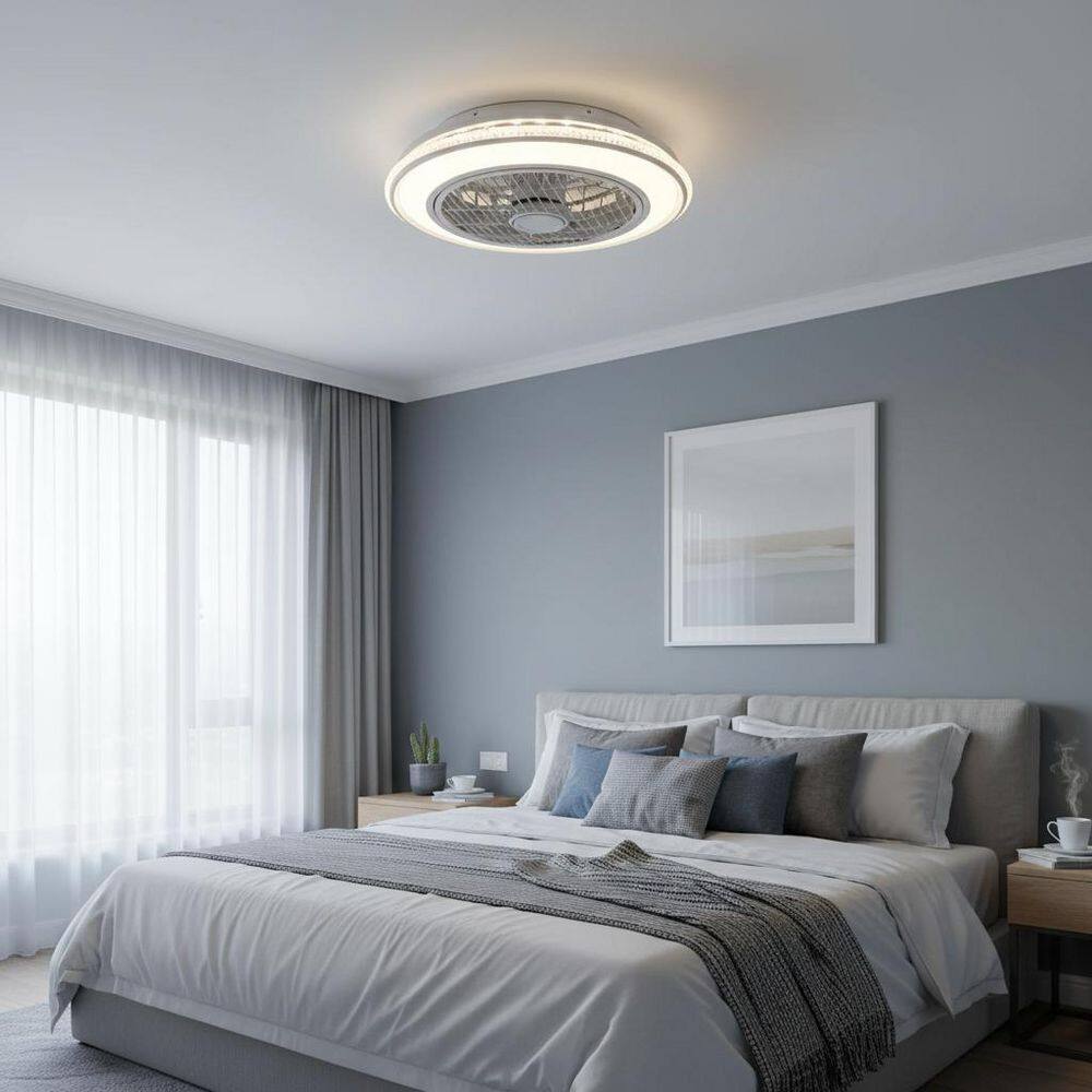 19 in. 5-Leaf Gray and White Modern Crystal Bladeless Flush Mount Ceiling Fan Light with Remote for Bedroom price history on PriceWatchPro