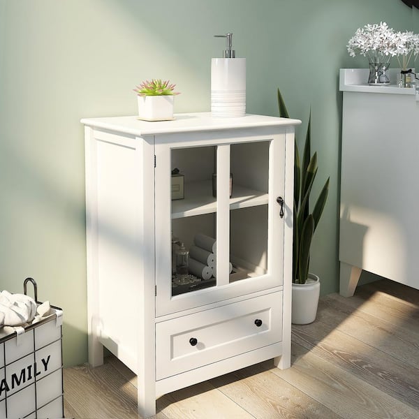 22.05 in. W x 14.37 in. D x 31.69 in. H Buffet Storage Cabinet with Single Glass Doors and Unique Bell Handle in White