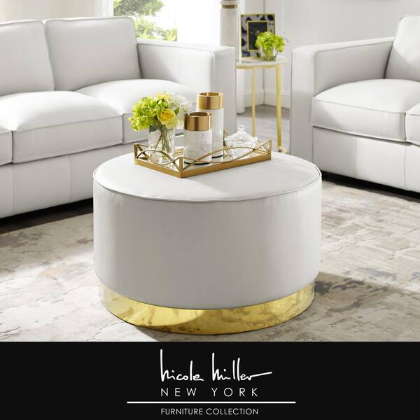 Nicole Miller Matsuori White/Gold PU Leather Cocktail Ottoman with Upholstered