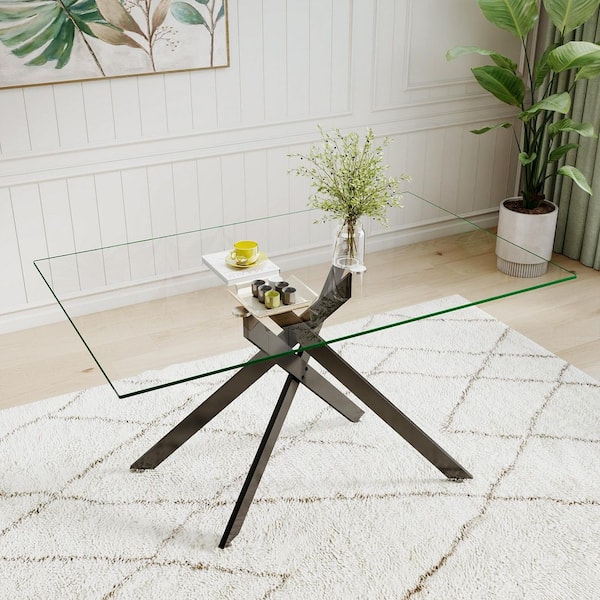 51.18 in. Rectangular Clear Tempered Glass Table with Black Metal Cross Legs Dining Table, Seating Capacity 4-6 people