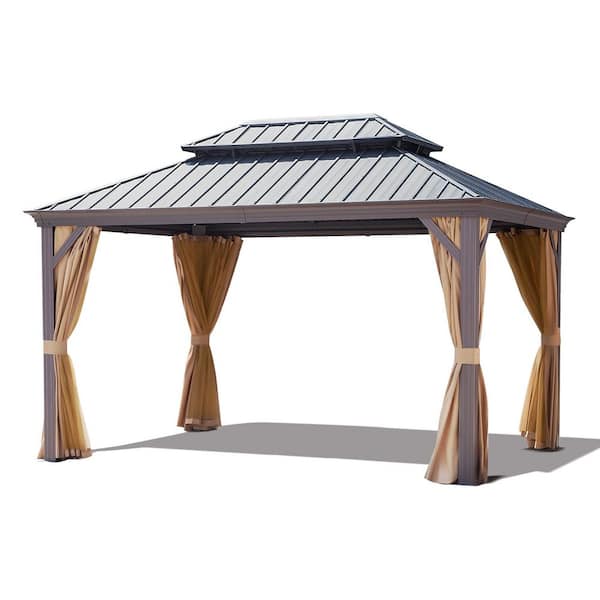 10 ft. x 14 ft. Aluminum Outdoor Double Galvanized Steel Roof Gazebo with Ceiling Hook, Mosquito Netting and Curtains