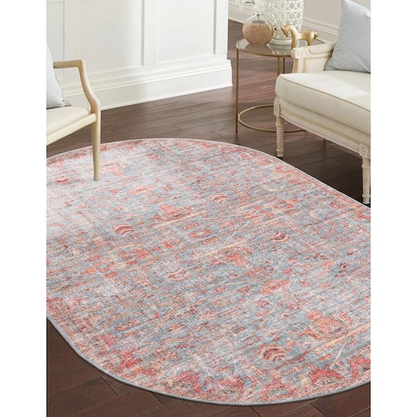 Nostalgia Olivia Antique Blue 4 ft. x 6 ft. Oval Machine Washable Area Rug