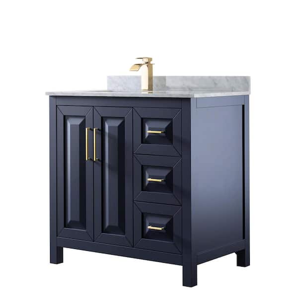 Wyndham Collection Daria 36 in. Single Bathroom Vanity in Dark Blue with Marble Vanity Top in White Carrara with White Basin