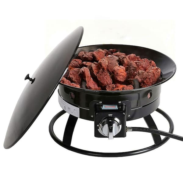 Kinger Home 19 in. W x 12.2 in. H Round Propane Portable Gas Fire Pit with Carrying Case and Lid Black