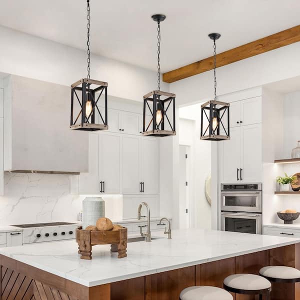 Farmhouse Black 1-Light 9.1 in. W Wood Cage Pendant Light Rustic Rectangle Kitchen Island Lantern Pendant Light