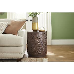 Palmeadow 20 in. Round Carved Walnut Brown Wood Accent Table