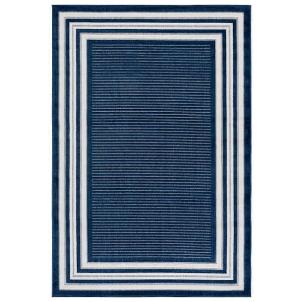 Cabana Blue/Ivory 4 ft. x 6 ft. Striped Border Indoor/Outdoor Area Rug