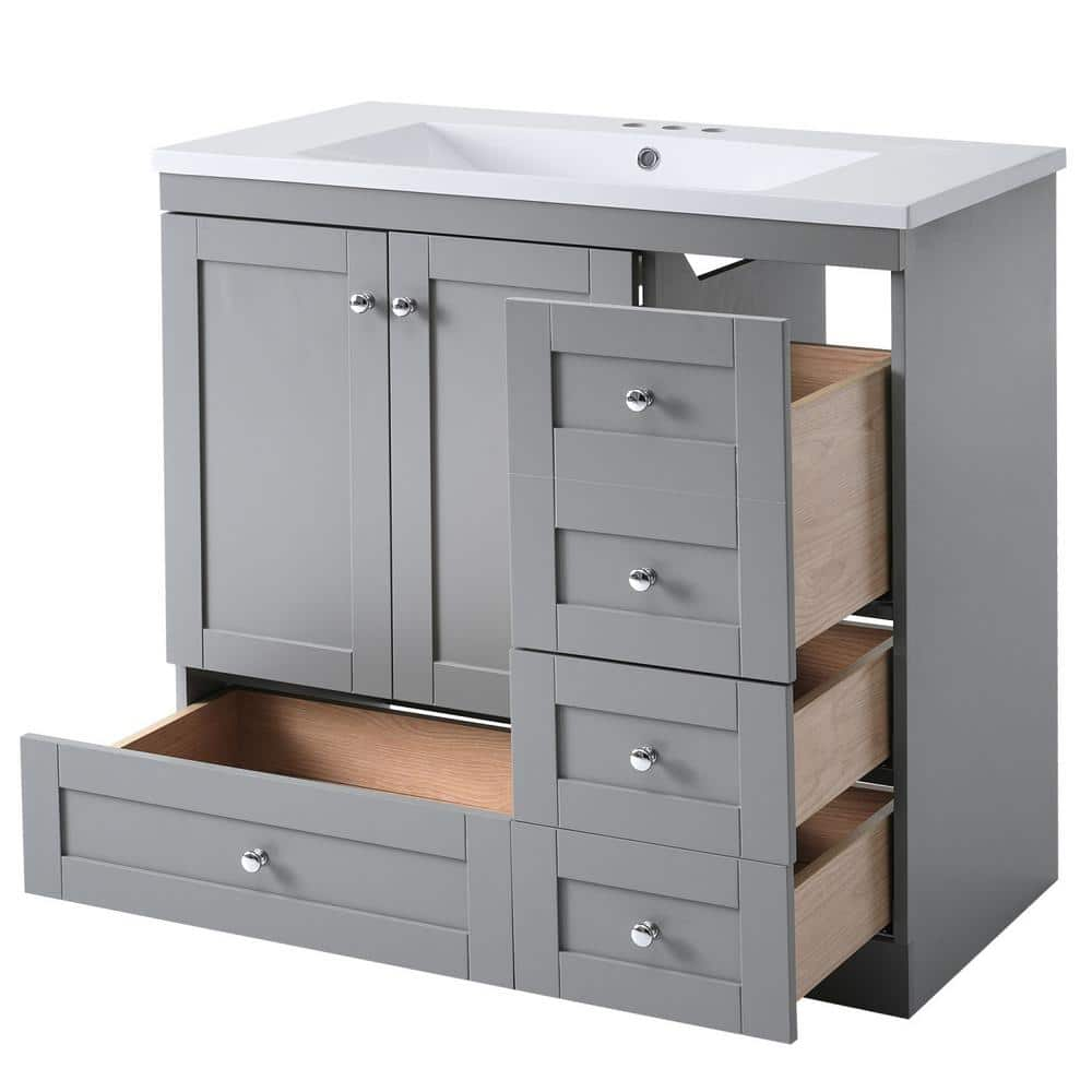 36""W Gray Shaker Style Free-Standing Resin Top Bathroom Vanity Cabinet with 4 Drawers -  Miscool, BVYCH10Y21AE