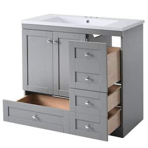 36 in. W Gray Shaker Style Free-Standing White Resin Top Bathroom Vanity Cabinet with 4-Drawers