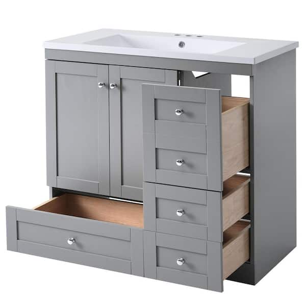Miscool 36 in. W Gray Shaker Style Free-Standing White Resin Top Bathroom Vanity Cabinet with 4-Drawers