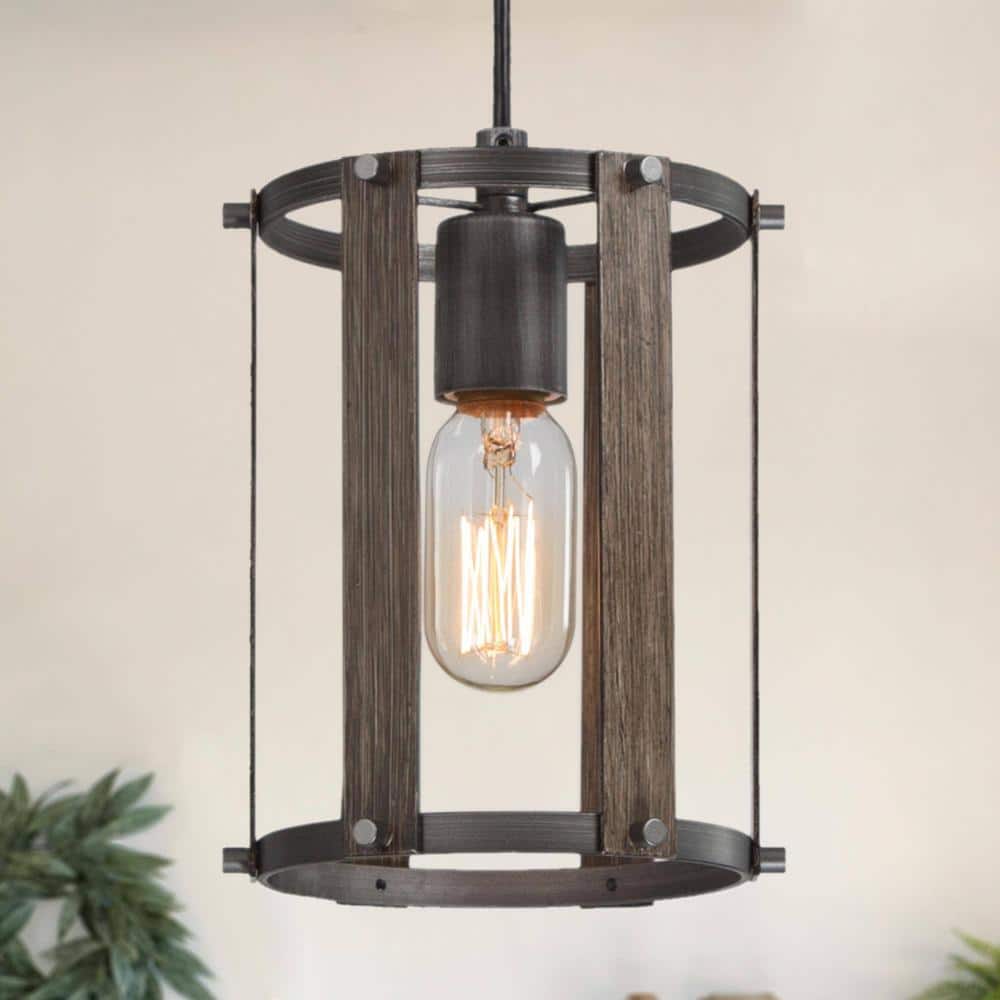 1-Light Brushed Aged Silver Mini Pendant Light with Wooden Texture Shade Pe