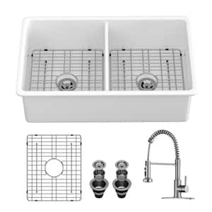 32 in. Drop-In/Undermount Double Bowl White Ceramic Kitchen Sink with Pull Out Kitchen Faucet and Bottom Grid