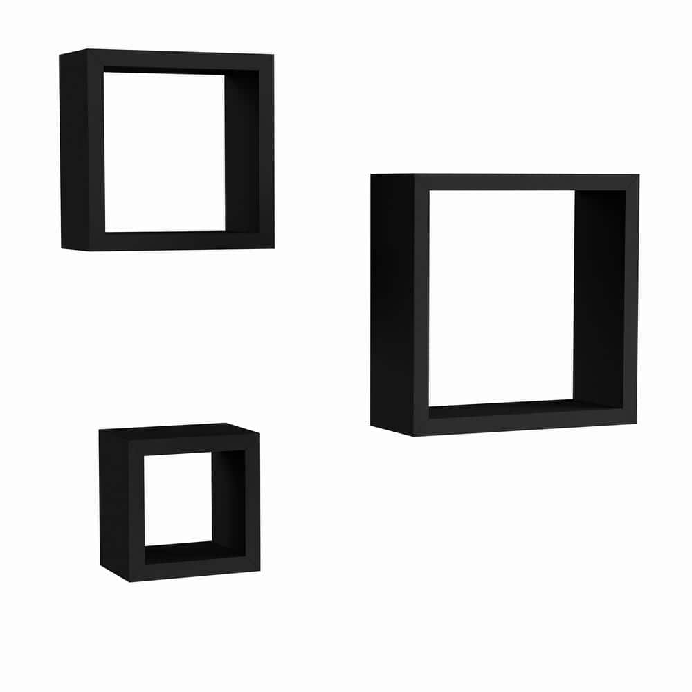 Black Wood Floating Cube Wall Shelf Set with Hidden Brackets