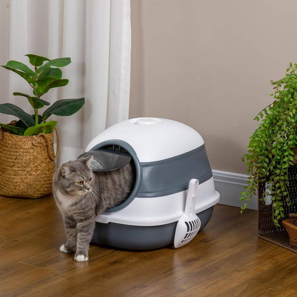 White and Gray Enclosed Plastic Cat Litter Box with Scoop