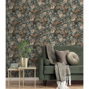 30.75 sq. ft. Midnight Blue and Cafe Rose Garden Vinyl Peel and Stick Wallpaper Roll