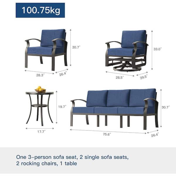 7-Piece Aluminum Patio Conversation Set with Armrest,Propane Fire Pit Table,Swivel Rocking Chairs and Cushion Navy Blue