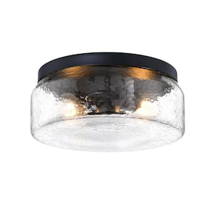 Rose Marie 13 in. 2-Light Matte Black Mid-Century Modern Semi Flush Mount with Clear Rippled Glass Shade for Bedrooms
