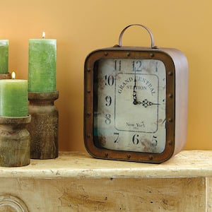 14 in. x 10 in. Metal and Glass Square Rustic Tabletop Clock