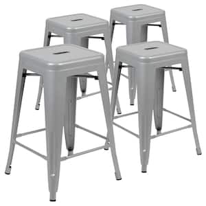 Silver Metal Outdoor Bar Stools with Stackable (4-Pack)