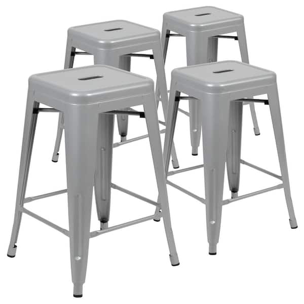 Silver Metal Outdoor Bar Stools with Stackable (4-Pack)