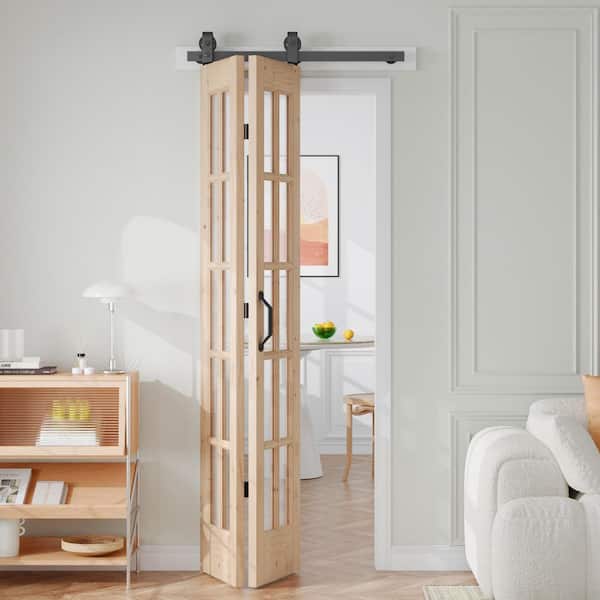 24 in. x 84 in. 1-Lite Pre Assembled Clear Glass Solid Core Wood Brown Bi-Fold Door with Hardware