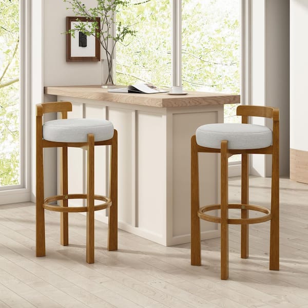 Ryan 34.25 in. H Ivory Fabric Modern Upholstered Counter Barstools with Walnut Solid Wood Frame, (Set of 2)