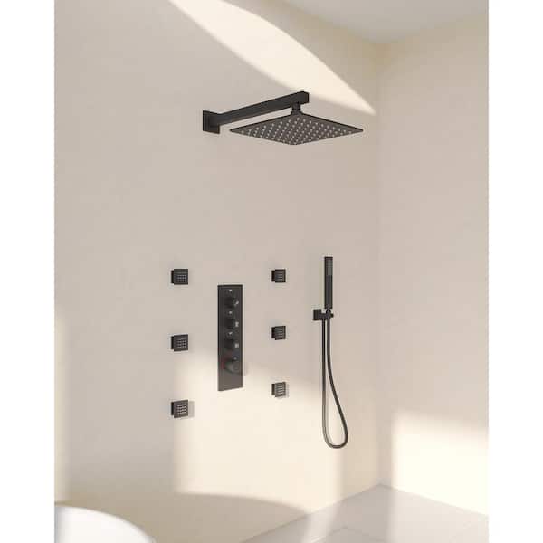 Thermostatic Shower 7-Spray Wall Mount 12 in. Fixed and Handheld Shower Head 2.5 GPM in Matte Black Valve Included