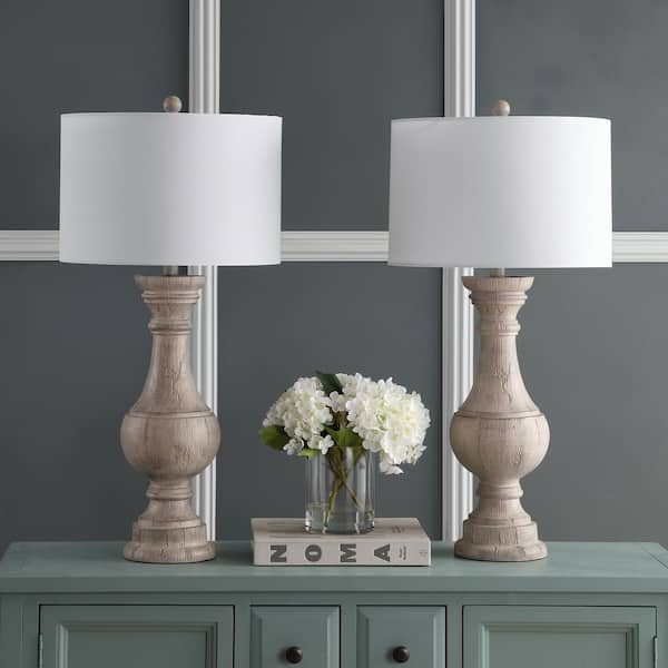 Savion 31.25 in. White Wash Curved Table Lamp with Off-White Shade (Set of 2)