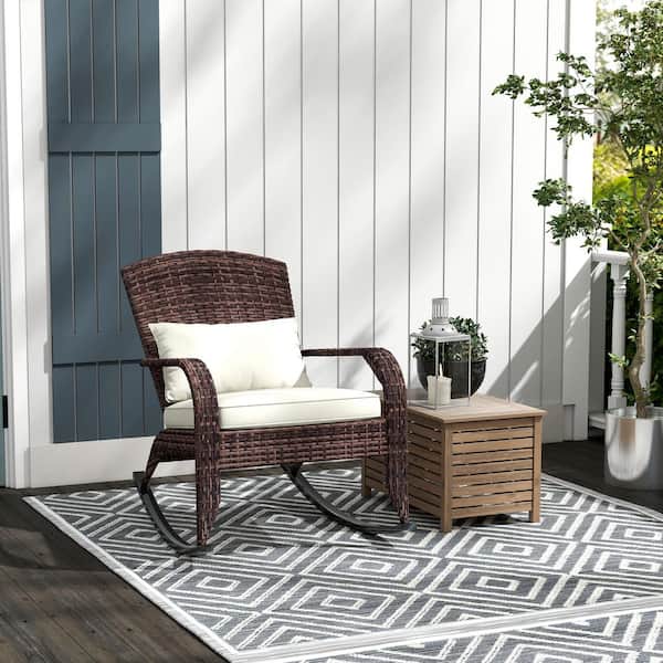 Outsunny Outdoor Wicker Adirondack Rocking Chair, Patio Rattan Rocker Chair with High Back, Seat Cushion, Pillow, Brown