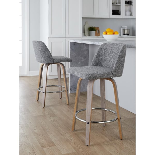 Lumisource Toriano 25.5 in. Grey Noise Fabric, Whitewashed Wood, and Chrome Metal Fixed-Height Counter Stool (Set of 2)