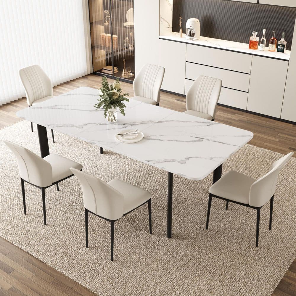 GOJANE Modern 7-Piece Extendable Rectangle White MDF Top Dining