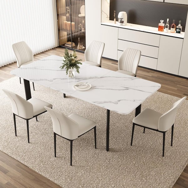 Modern 7-Piece Extendable Rectangle White MDF Top Dining Room Set Seating 6 People 78.7 in. with 6 White Chairs