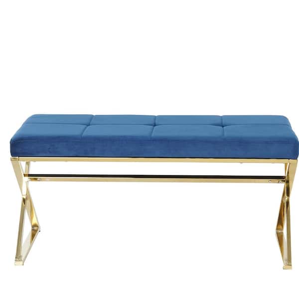 ZIRUWU Blue Bench Blue Velvet Fabric Morden Bench 18.1 in. x 37.6 in. x 19.9 in.