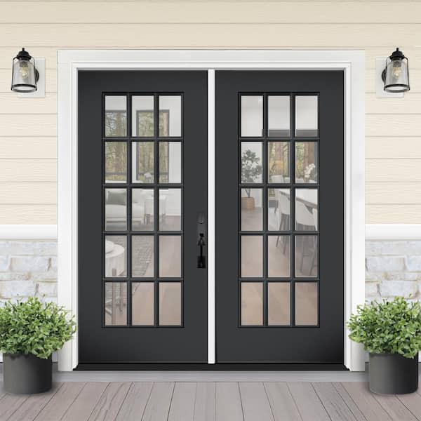 Reliant 72 in. x 80 in. FullLite 15L-SDL Clear Glass LHIS Black Finish Fiberglass Double Prehung Front Door w/4in. Jamb