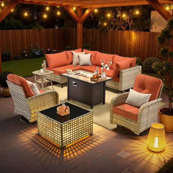 Solvoc 9-Piece Wicker Outdoor Patio Conversation Set with 42 in. Fire Pit Table, Orange Red Cushions and Swivel Chairs