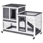 PawHut Grey Wooden Elevated Cage with Enclosed Run with Wheels, Ramp ...