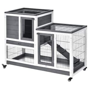 Grey Wooden Elevated Cage with Enclosed Run with Wheels, Ramp, Removable Tray Ideal