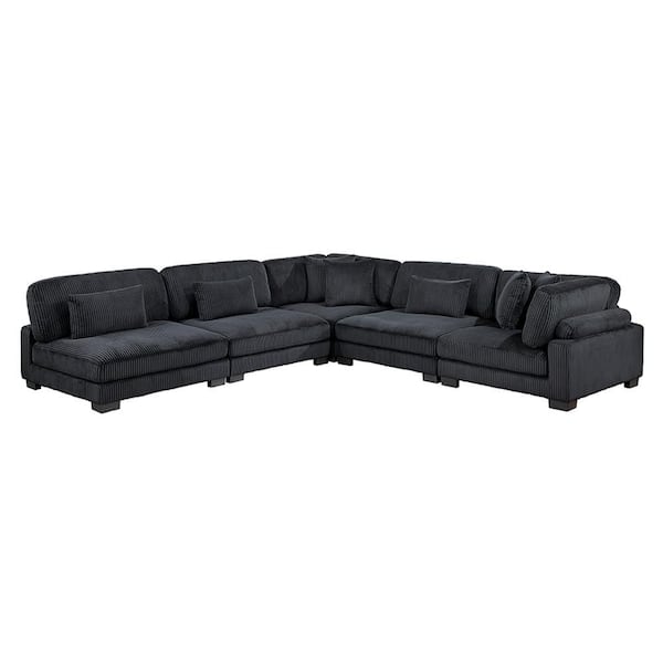 Lazzara Turbo 135 in. Pillow Top Arm 5-Piece Corduroy Fabric Modular Sectional Sofa in. Black