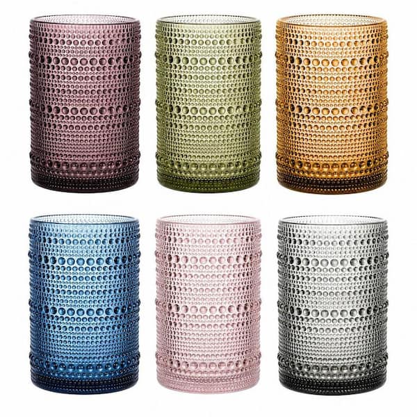 15 oz. Colored Hobnail Textured Glass Highball Drinking Glasses Set for Cocktail, Iced Coffee, Beer, Tea, Wine and Water