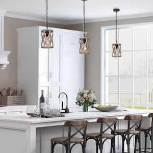 Farmhouse 1-Light Rustic Bronze Drum Pendant Light with Wooden Open Cage Frame