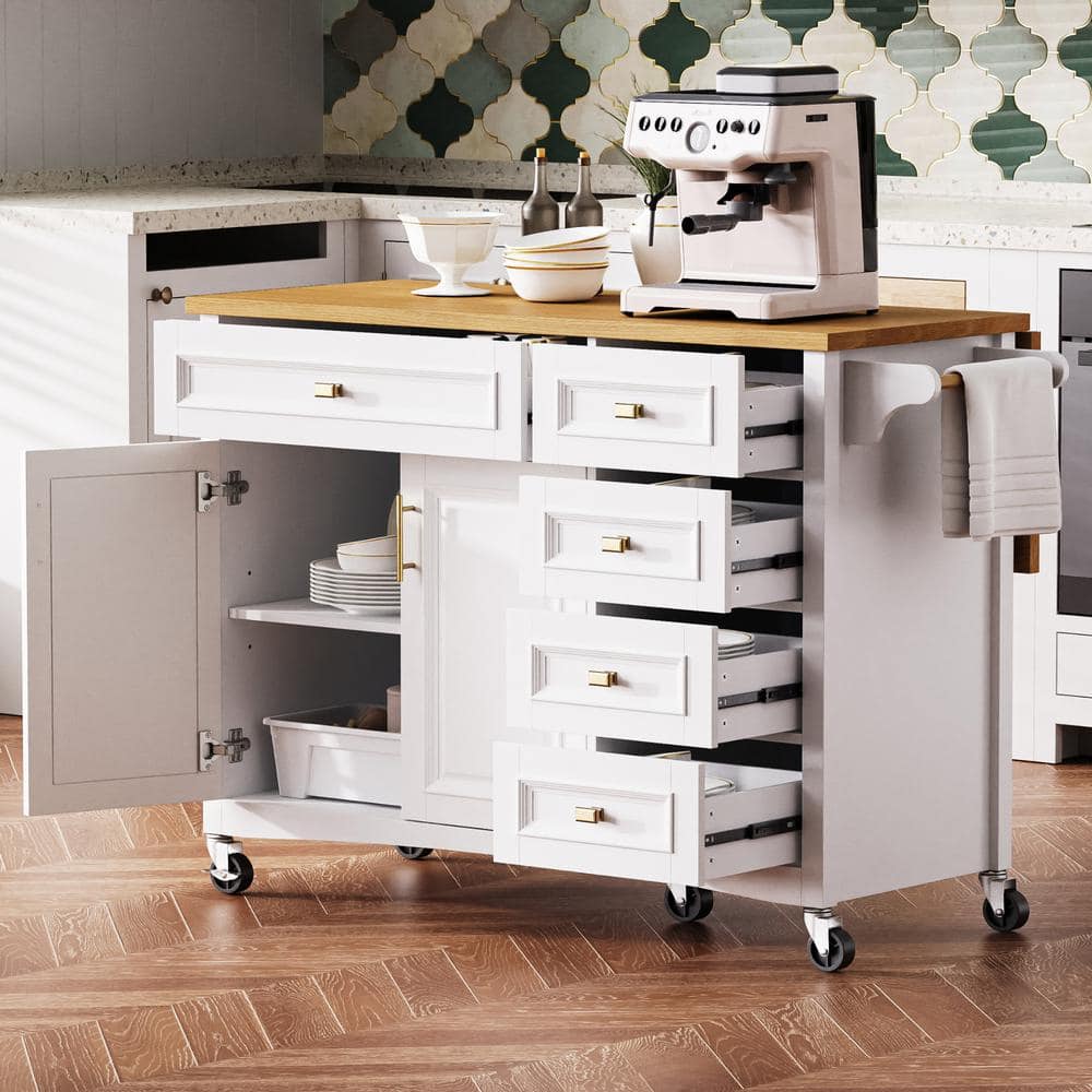 White Wood 52 in. Kitchen Island with Drop Leaf on Wheels with Spice Rack, 