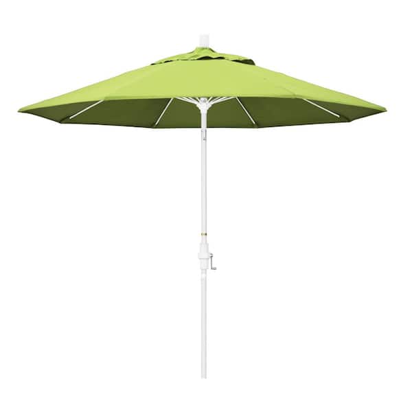 California Umbrella 9 ft. Matted White Aluminum Collar Tilt Crank Lift Market Patio Umbrella in Parrot Sunbrella