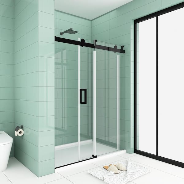 Unbranded 60 in. W x 76 in. H Single Sliding Frameless Shower Door in Matte Black with Tampered Glass