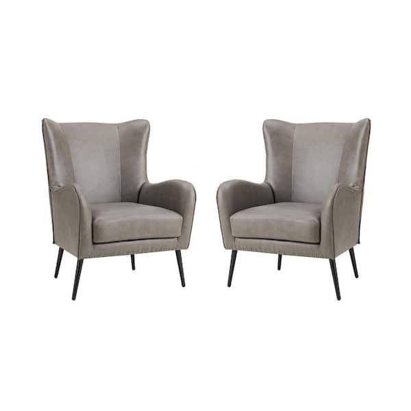 JAYDEN CREATION Harpocrates 30 in. Gray Upholstered Faux Leather Arm Chair with Metal Legs (Set of 2)