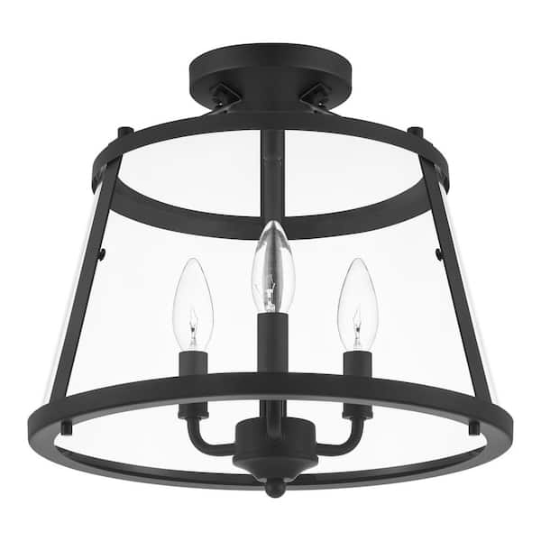 Lincoln 14 in. 3-Light Black Semi-Flush Mount Ceiling Light Fixture with Metal and Glass Shade