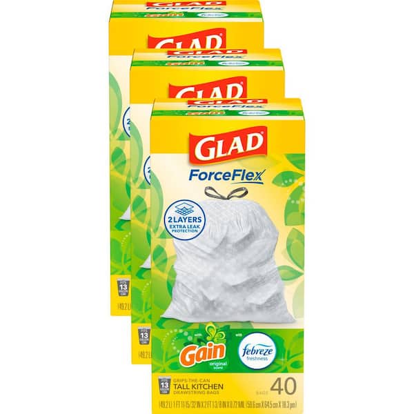 Glad ForceFlex 13 Gal. Tall Kitchen Drawstring Gain Original with Febreze Freshness Trash Bags (40-Count, 3-Pack)