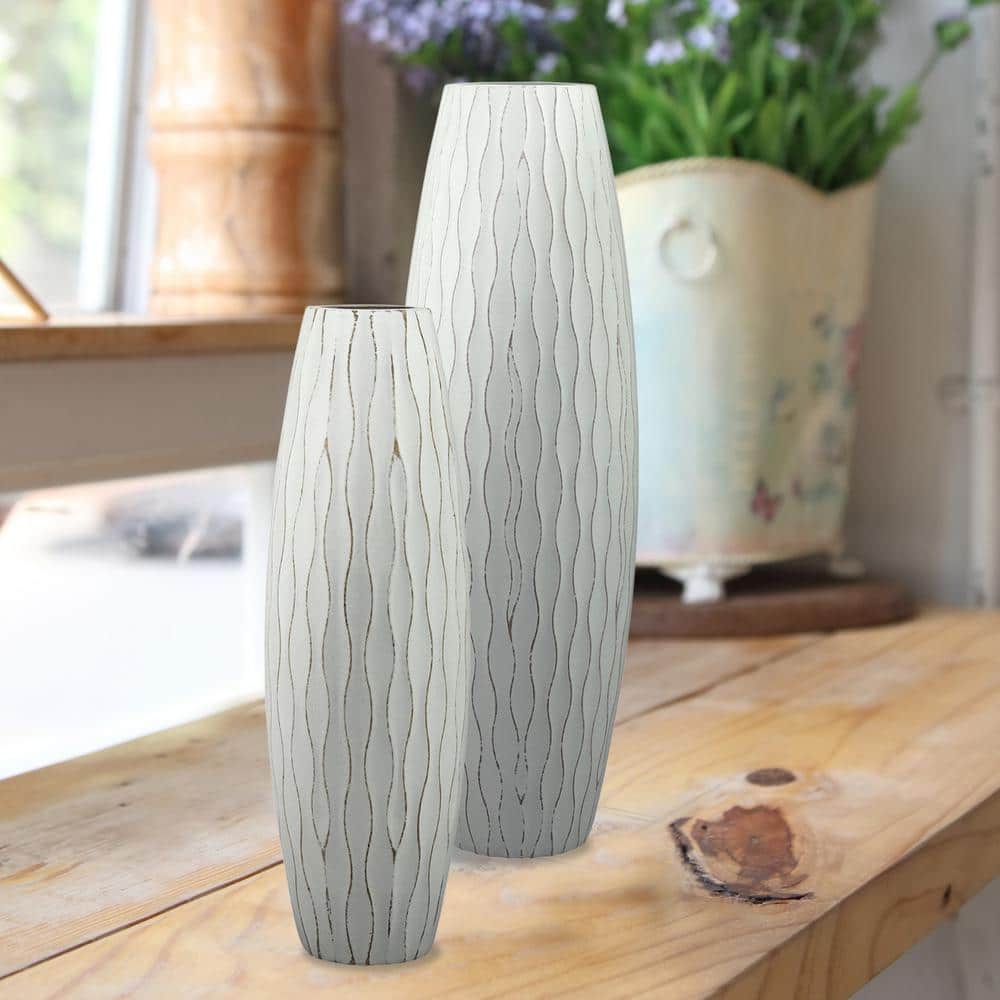 Pale Ocean Blue Wave Textured Wood Vase, 15.7"